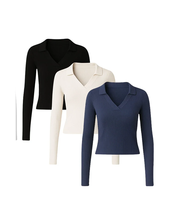 GORG Damen vegan Multipack Lange Ärmel 3er Set Bluse Schwarz/Beige/Marineblau