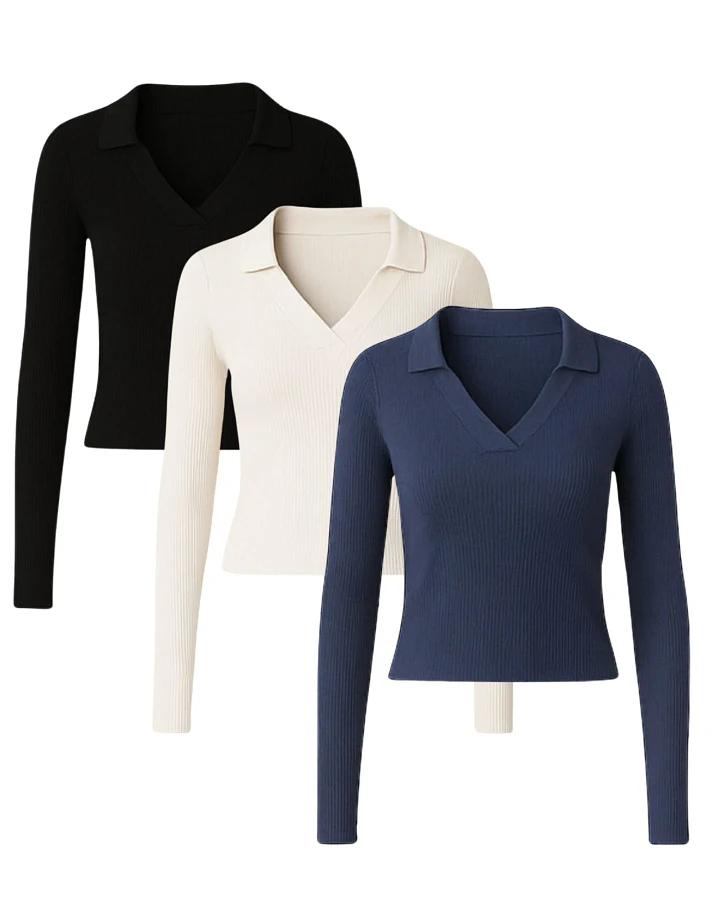GORG Damen vegan Multipack Lange Ärmel 3er Set Bluse Schwarz/Beige/Marineblau
