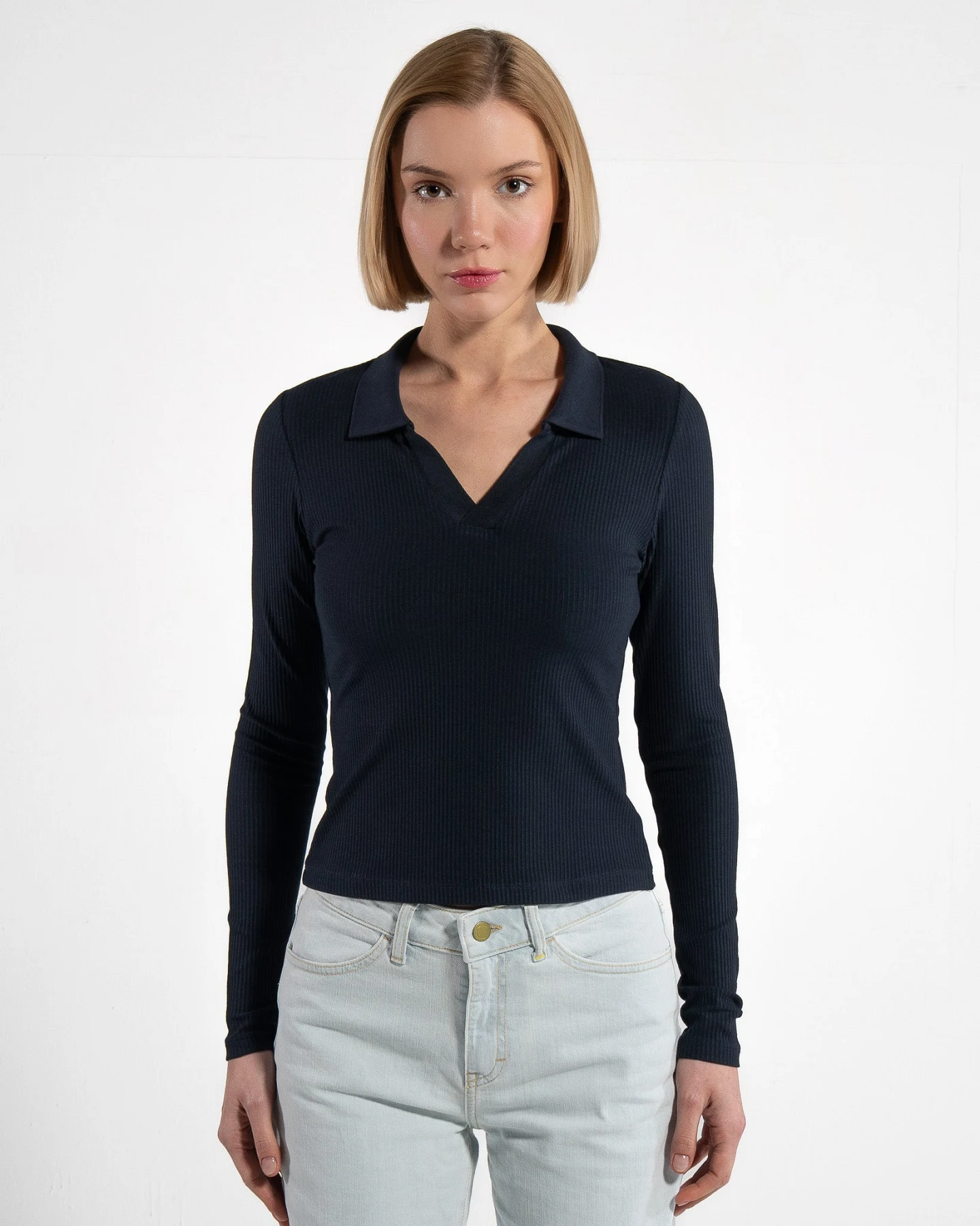 GORG Damen vegan Multipack Lange Ärmel 3er Set Bluse Schwarz/Beige/Marineblau – Ansicht 2