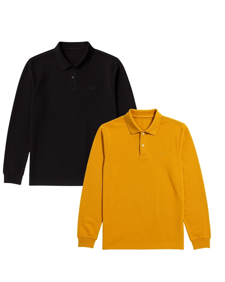 GORG Herren vegan Multipack 2x Langarm Poloshirts Schwarz & Senfgelb