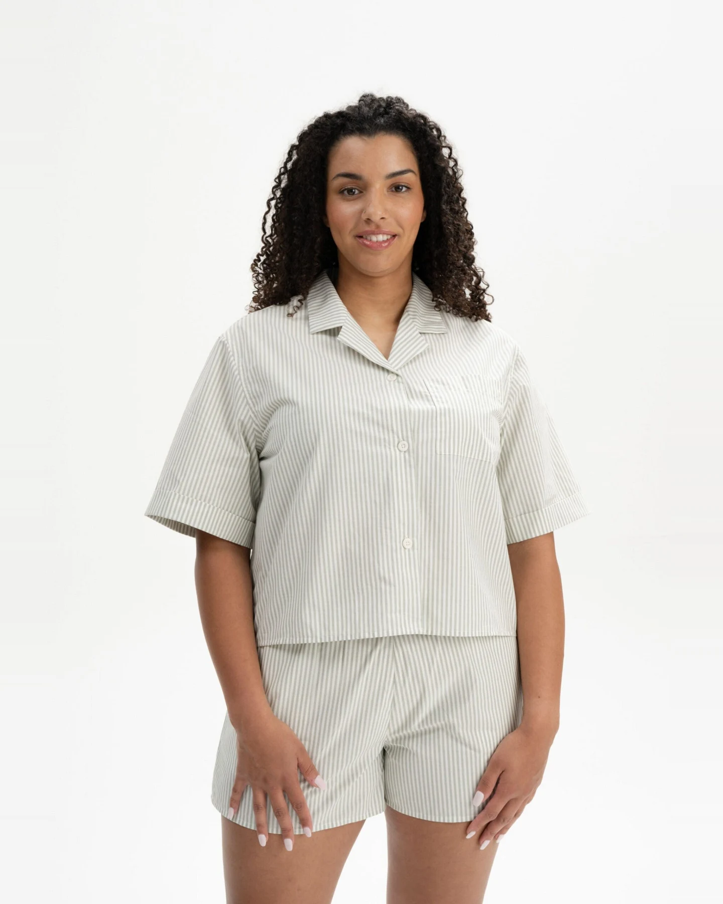 MELA Damen vegan Pyjama Set Thymian/Naturweiß Gestreift – Ansicht 2