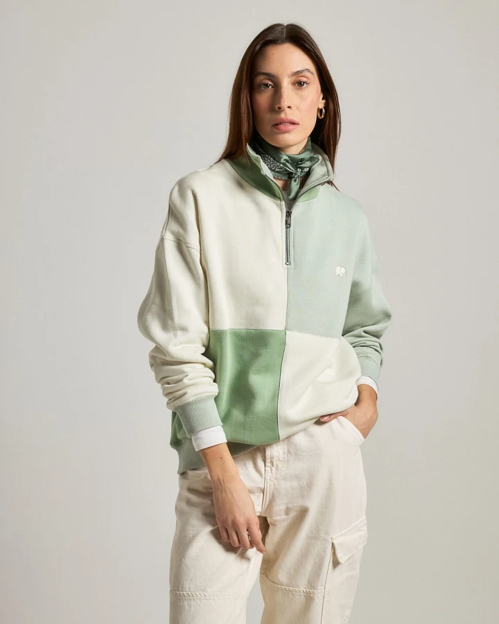 Trendsplant Damen vegan Sweatshirt Quarter Zip Übergröße Color Block Sea Glass