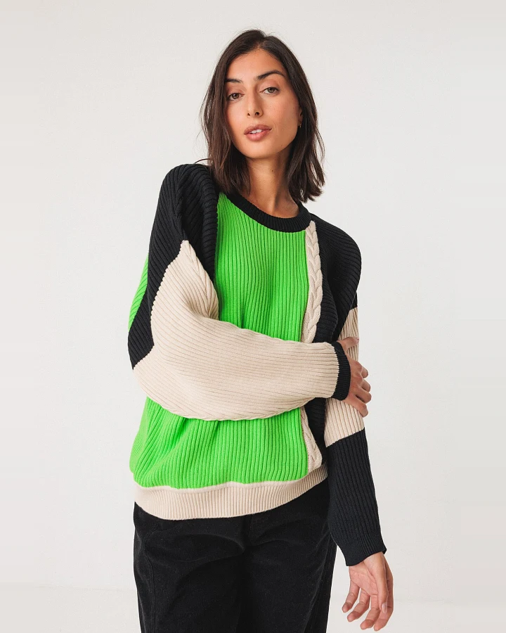 SKFK Damen vegan Pullover Balene Mehrfarbig Grün/Schwarz