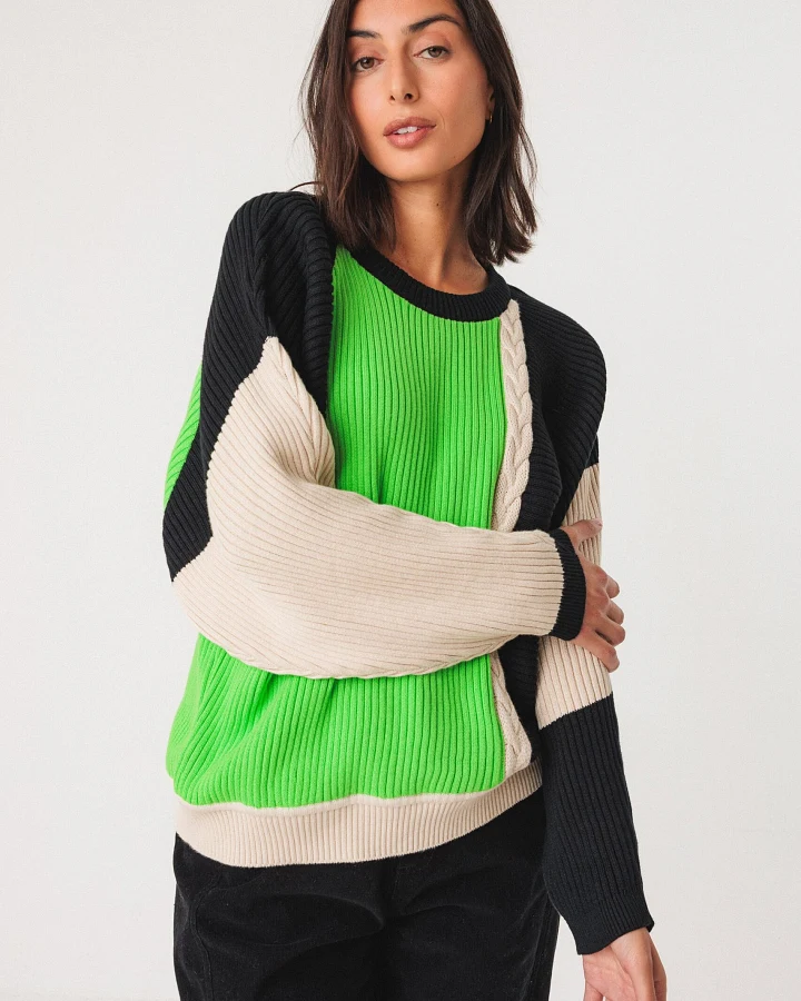 SKFK Damen vegan Pullover Balene Mehrfarbig Grün/Schwarz