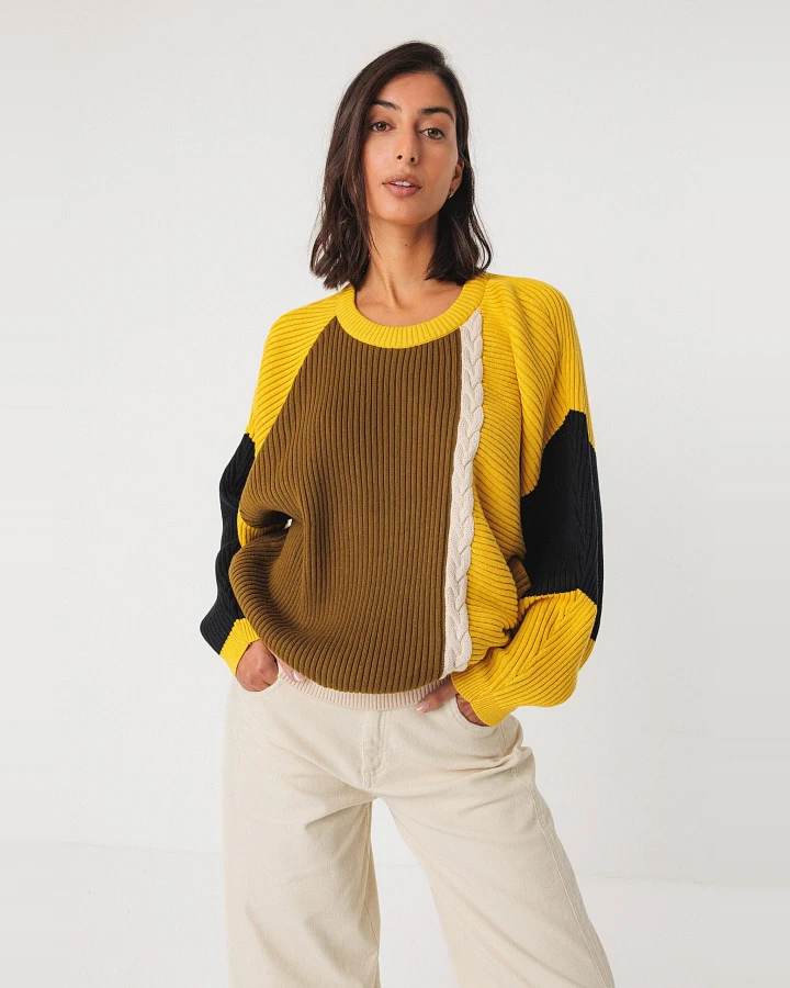 SKFK Damen vegan Pullover Balene Mehrfarbig Braun/Gelb