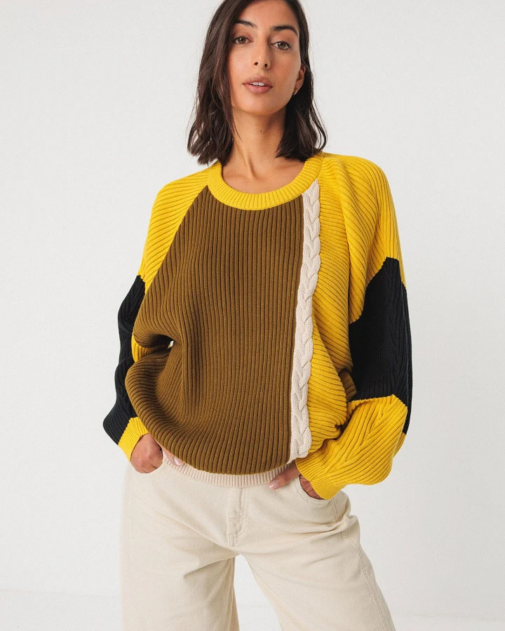 SKFK Damen vegan Pullover Balene Mehrfarbig Braun/Gelb