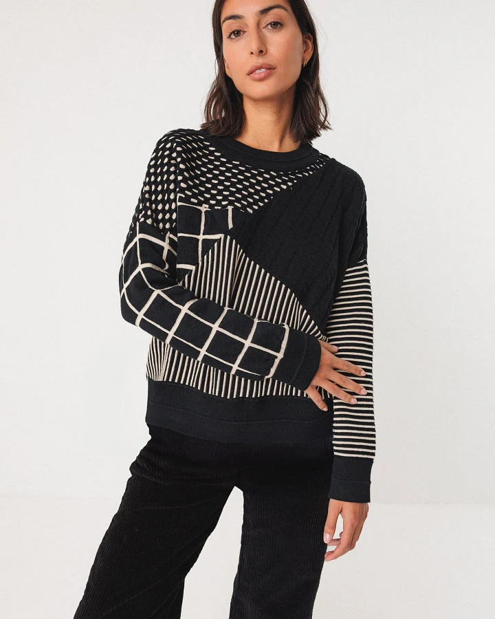 SKFK Damen vegan Pullover Ismene Schwarz/Weiß