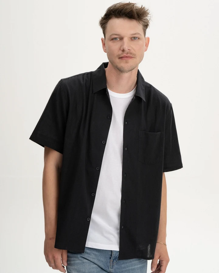 MELA Herren vegan Kurzarmhemd Vivek Charcoal Schwarz