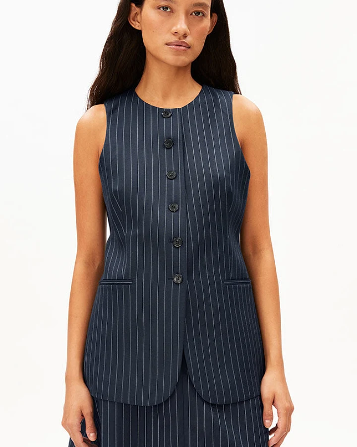 ARMEDANGELS Damen vegan Weste Langer Nadelstreifen Dunkelblau & Beige