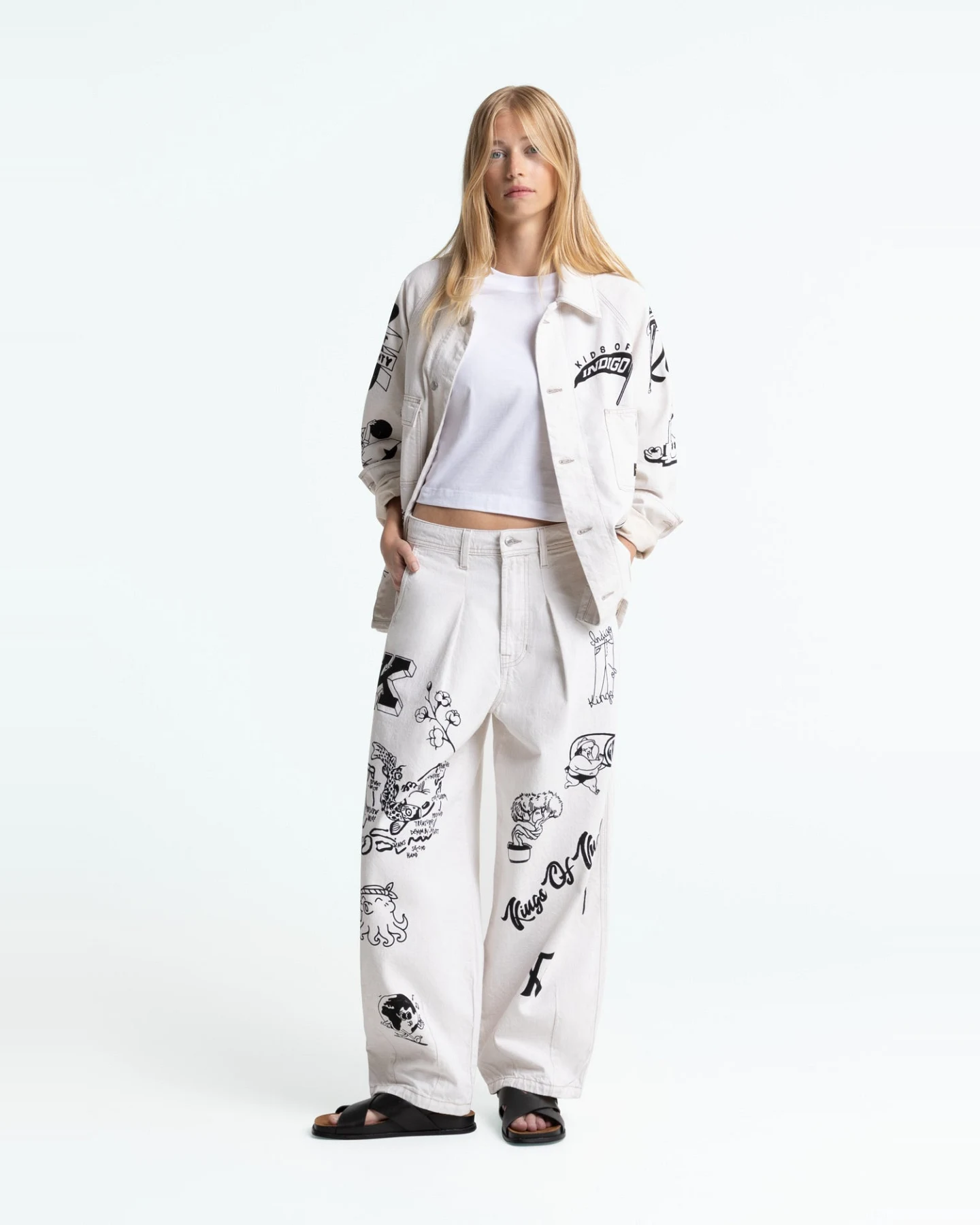 Kings of Indigo Herren vegan Hose Kimmy Amsterdam Scribble Weiß – Ansicht 2