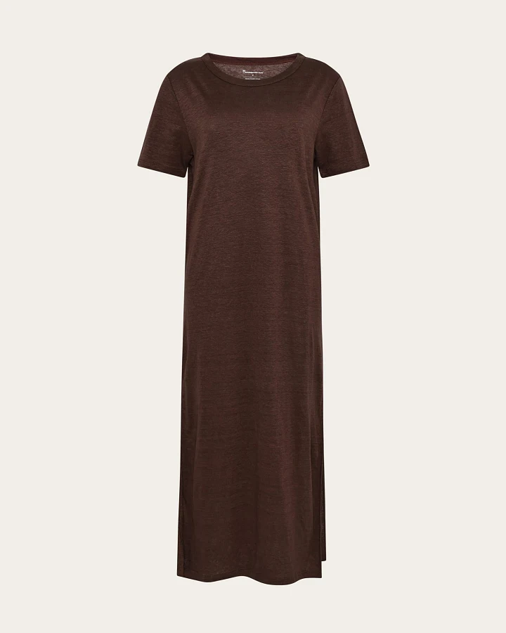 KnowledgeCotton Apparel Damen vegan T-Shirt Kleid Leinen Shaved Chocolate
