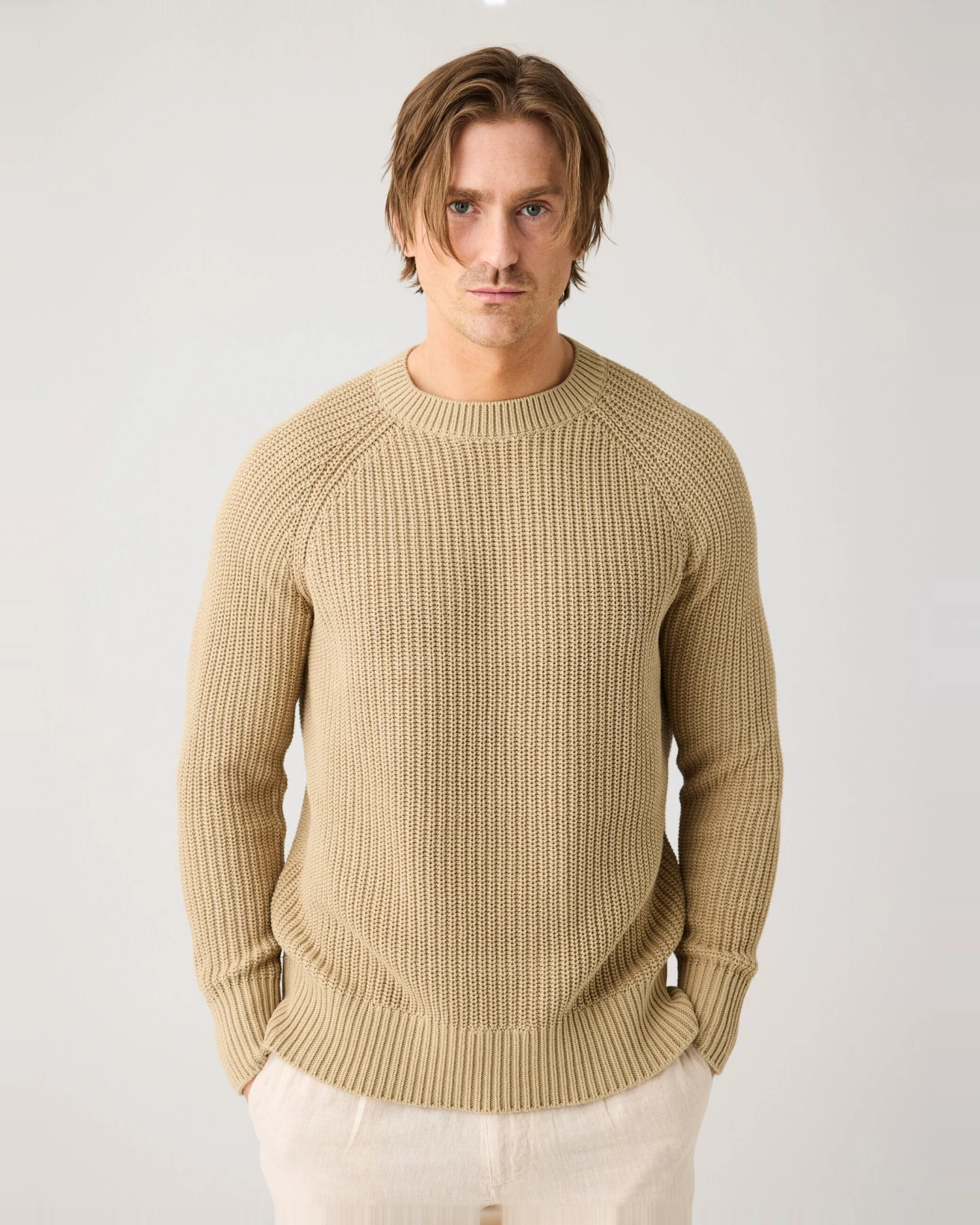 KnowledgeCotton Apparel Herren vegan Strickpullover Raglan Twill Beige – Ansicht 2