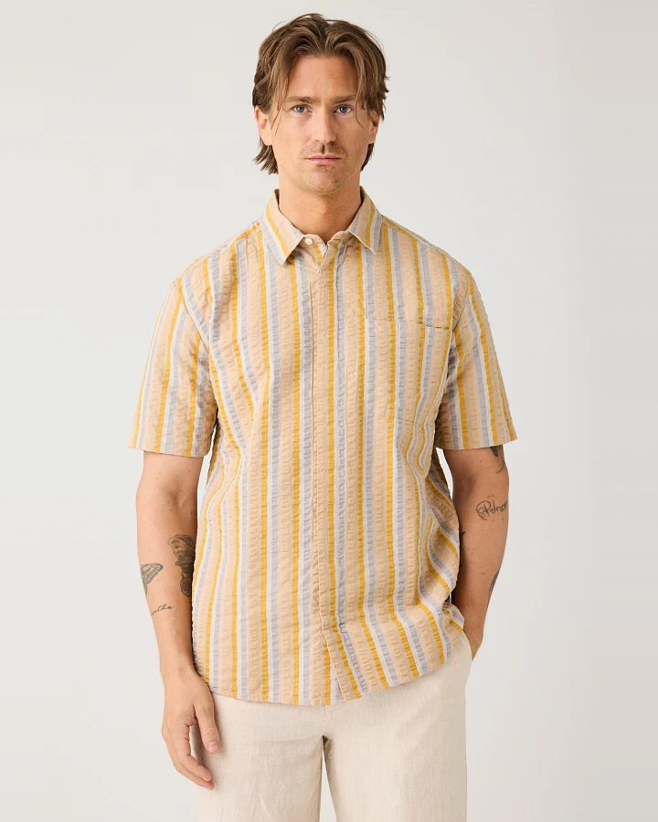 KnowledgeCotton Apparel Herren vegan Hemd Relaxed Seersucker Mehrfarbig Gestreift