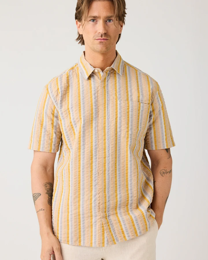 KnowledgeCotton Apparel Herren vegan Hemd Relaxed Seersucker Mehrfarbig Gestreift