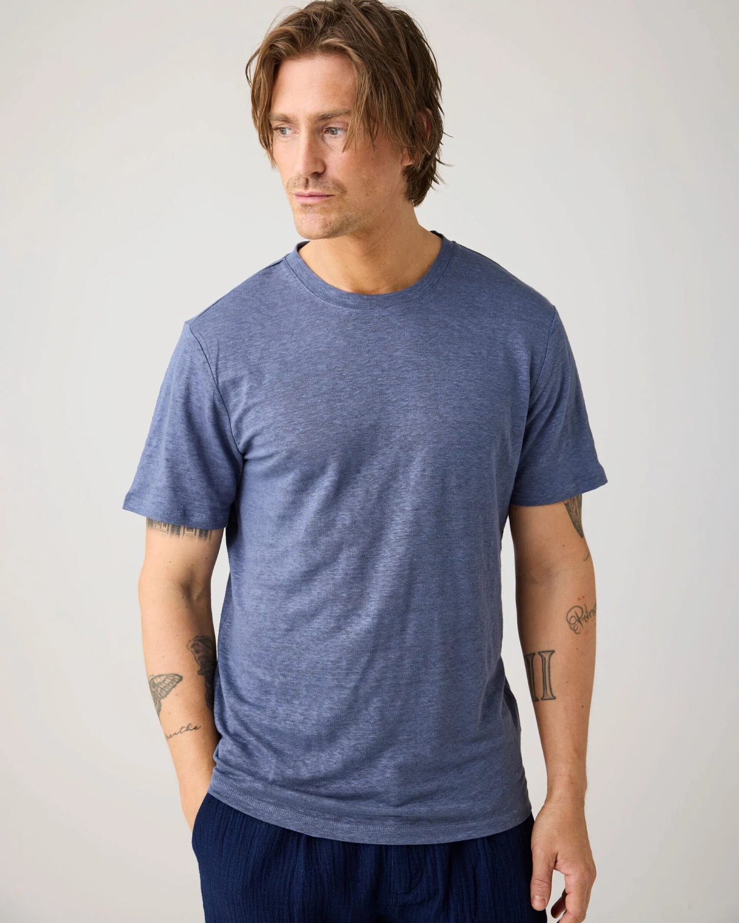 KnowledgeCotton Apparel Herren vegan T-Shirt Leinen Vintage Indigo – Ansicht 2
