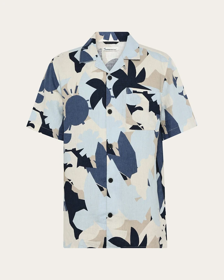 KnowledgeCotton Apparel Herren vegan Shirt Kurzarm Relaxed Print Blau