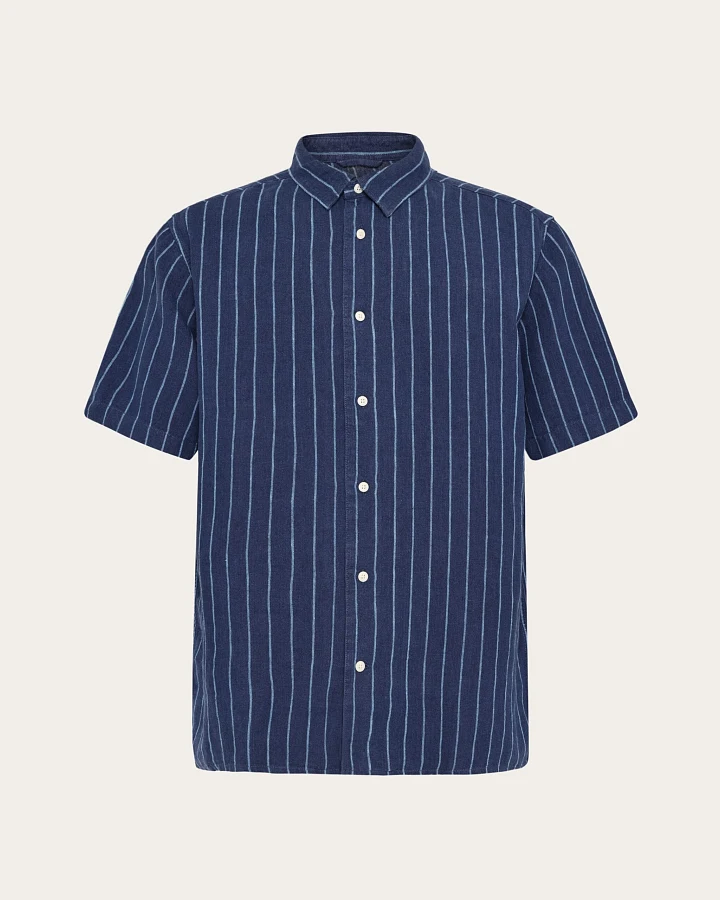 KnowledgeCotton Apparel Herren vegan Hemd Relaxed Leinen Streifen Blau