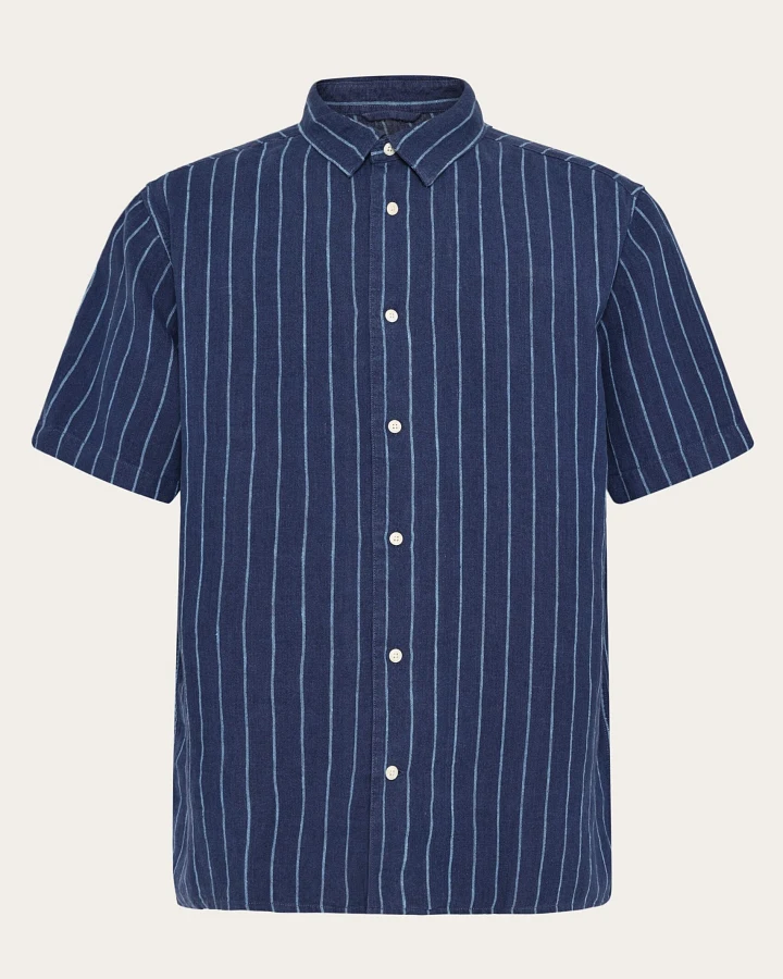 KnowledgeCotton Apparel Herren vegan Hemd Relaxed Leinen Streifen Blau