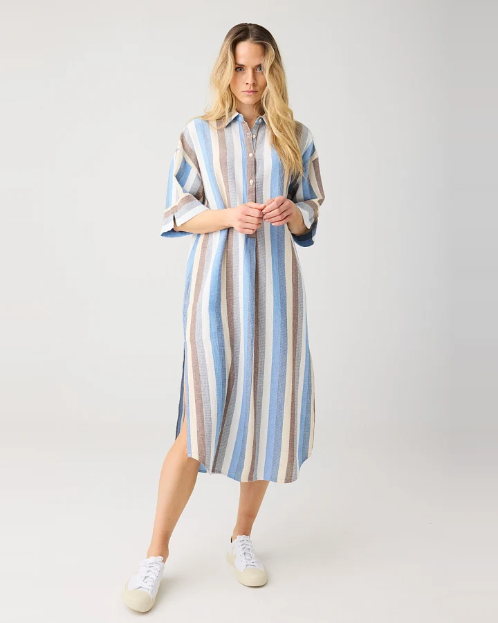 KnowledgeCotton Apparel Damen vegan Hemdkleid Struktur Multicolor Streifen