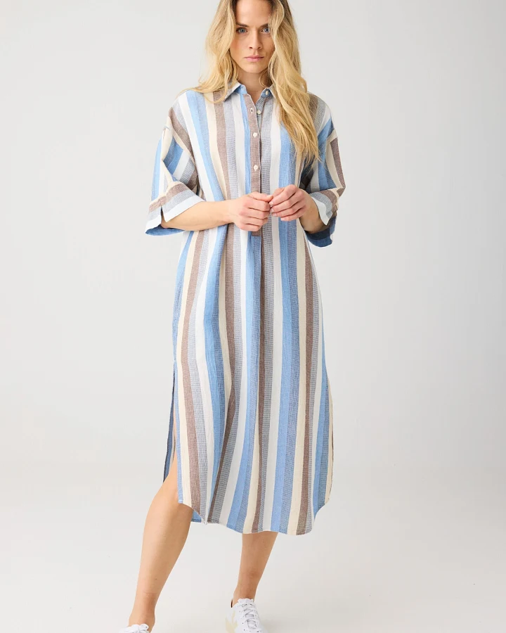 KnowledgeCotton Apparel Damen vegan Hemdkleid Struktur Multicolor Streifen