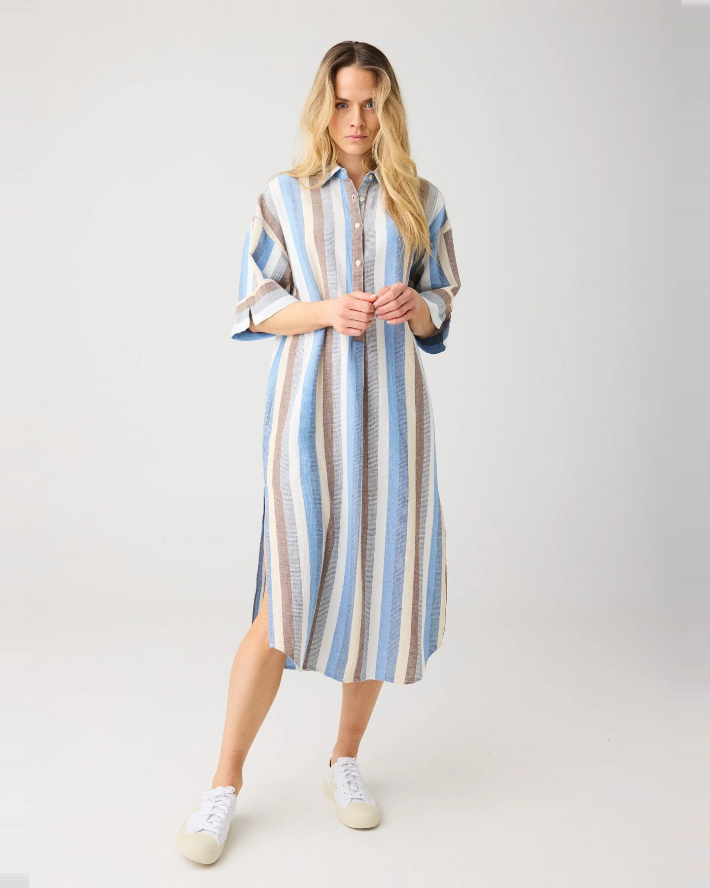 KnowledgeCotton Apparel Damen vegan Hemdkleid Struktur Multicolor Streifen – Ansicht 2