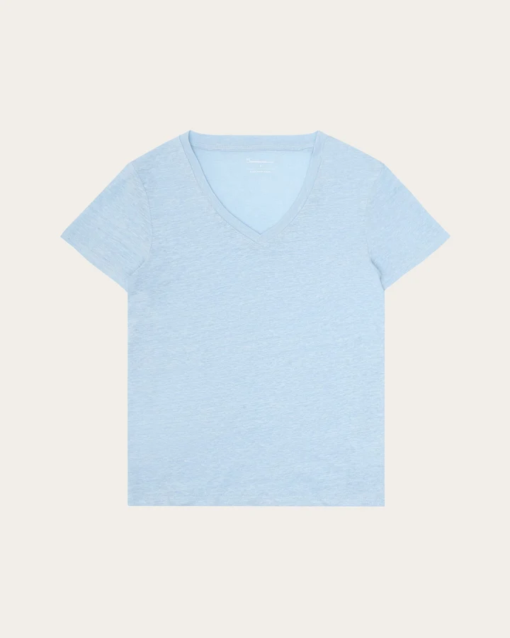 KnowledgeCotton Apparel Damen vegan T-Shirt Leinen V-Ausschnitt Skyway Hellblau