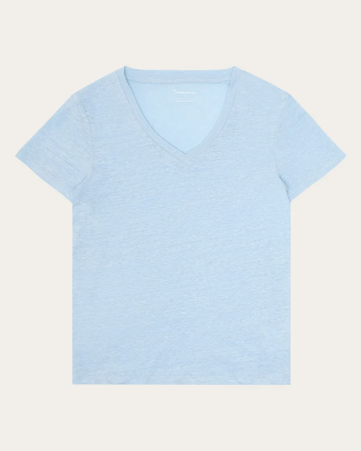 KnowledgeCotton Apparel Damen vegan T-Shirt Leinen V-Ausschnitt Skyway Hellblau