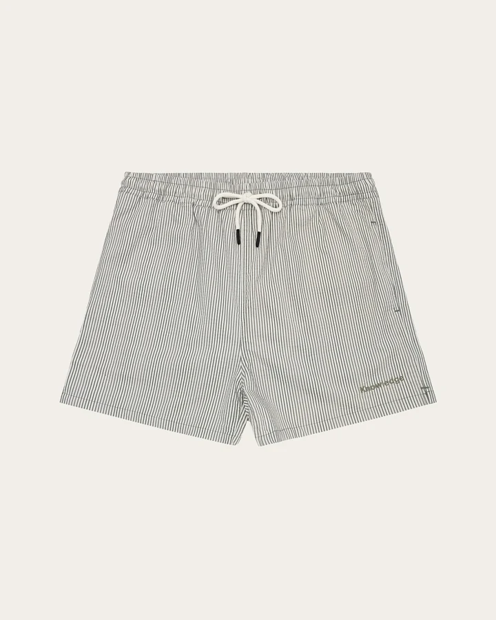 KnowledgeCotton Apparel Herren vegan Badeshorts Mid Thigh Seersucker Grün Gestreift