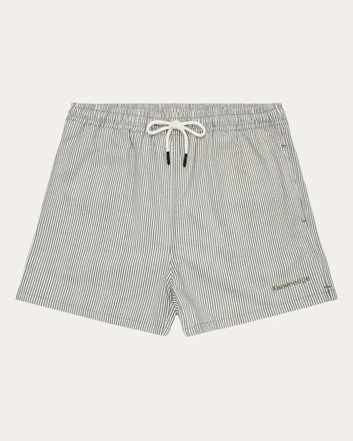 KnowledgeCotton Apparel Herren vegan Badeshorts Mid Thigh Seersucker Grün Gestreift