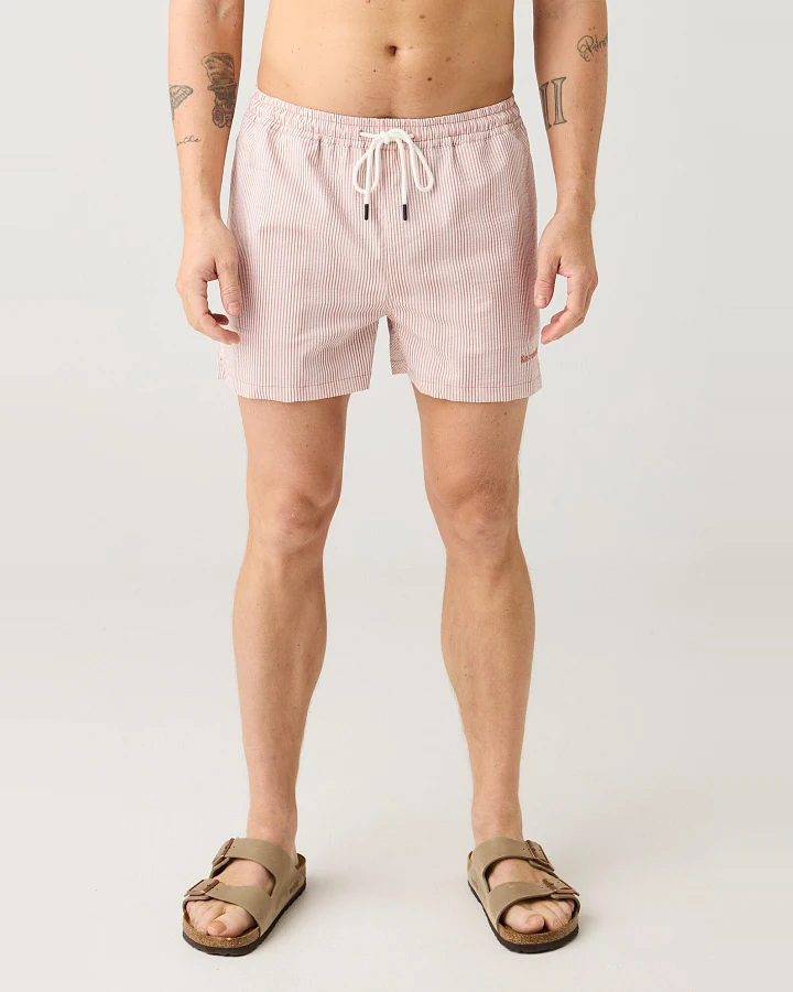 KnowledgeCotton Apparel Herren vegan Badeshorts Mid Thigh Seersucker Red Stripe