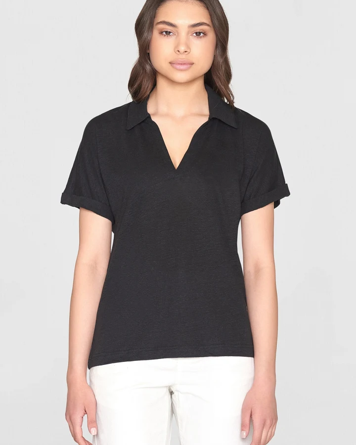 KnowledgeCotton Apparel Damen vegan Polohemd Mit Geteiltem Ausschnitt Black Jet