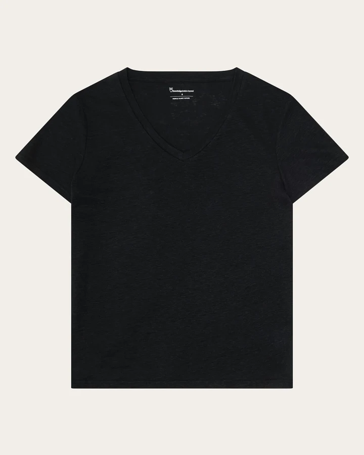 KnowledgeCotton Apparel Damen vegan T-Shirt Leinen V-Ausschnitt Black Jet