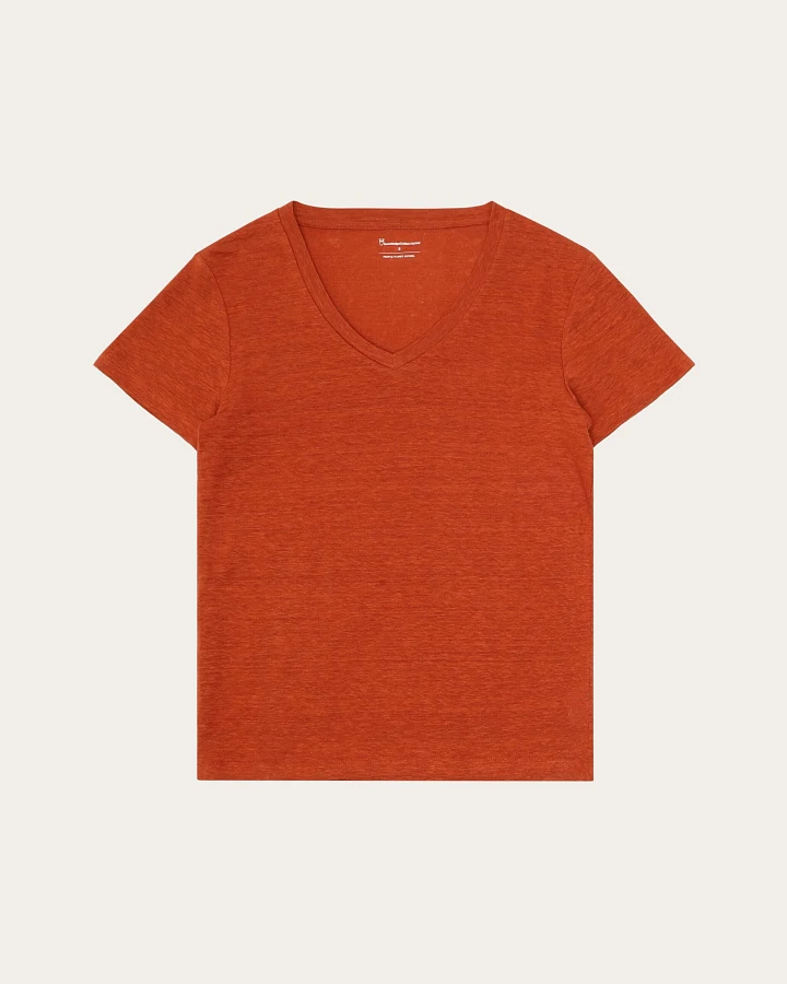 KnowledgeCotton Apparel Damen vegan T-Shirt Leinen V-Ausschnitt Gebrannter Ziegel
