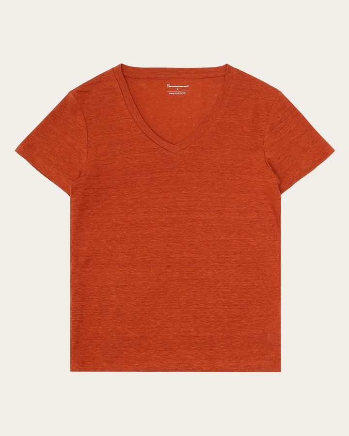 KnowledgeCotton Apparel Damen vegan T-Shirt Leinen V-Ausschnitt Gebrannter Ziegel