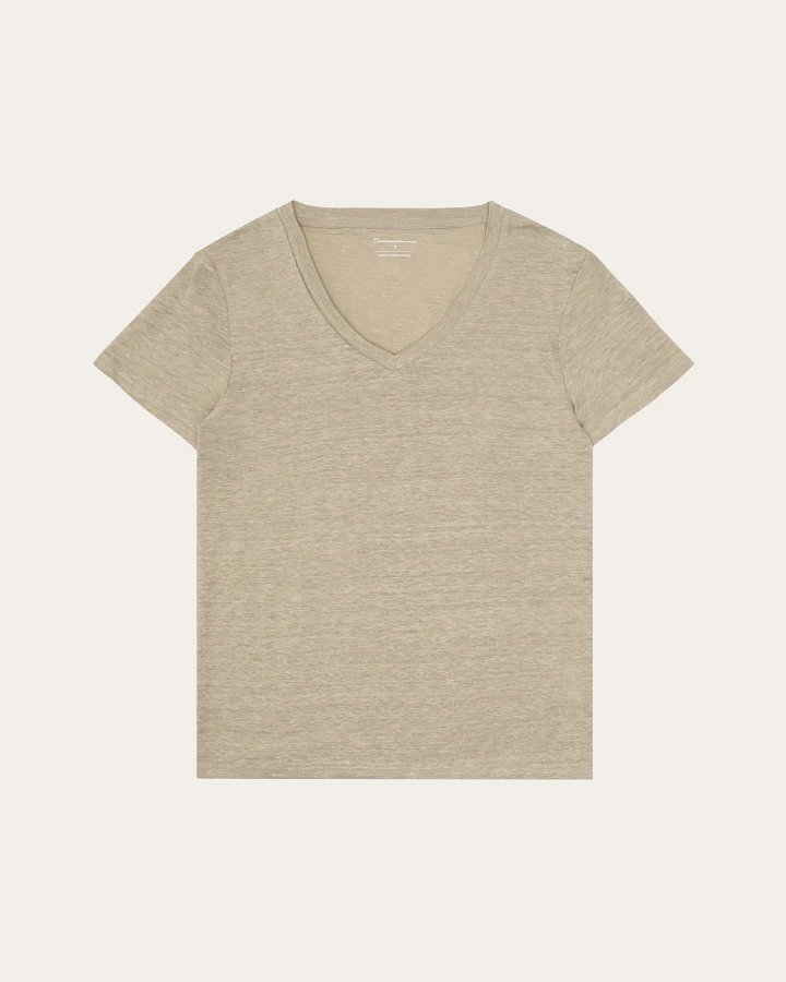 KnowledgeCotton Apparel Damen vegan T-Shirt Leinen V-Ausschnitt Twill Beige