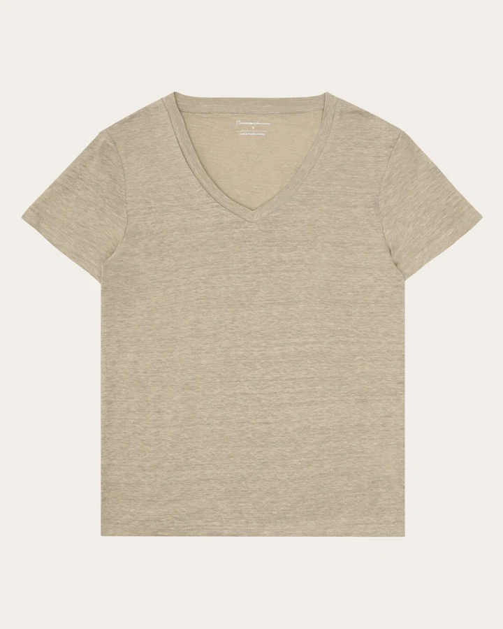 KnowledgeCotton Apparel Damen vegan T-Shirt Leinen V-Ausschnitt Twill Beige