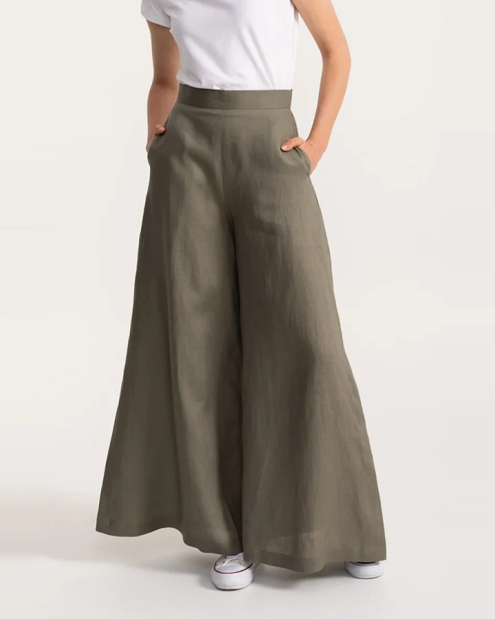 De IONESCU Damen vegan Hose Palazzo Leinen Khaki