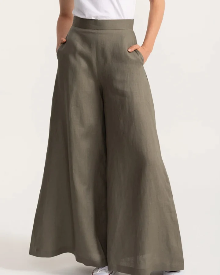 De IONESCU Damen vegan Hose Palazzo Leinen Khaki