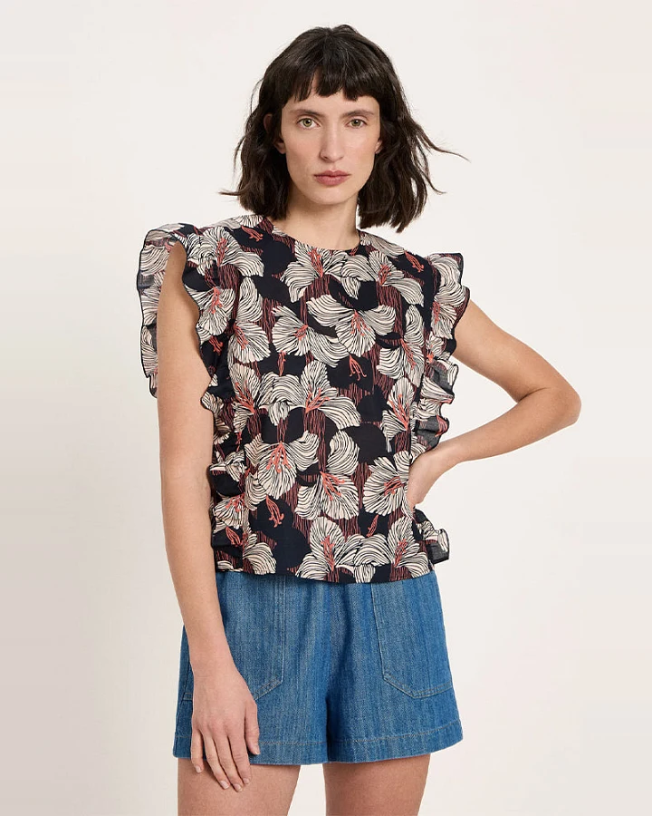 Lanius Damen vegan Bluse Ruffles Bloom Onyx