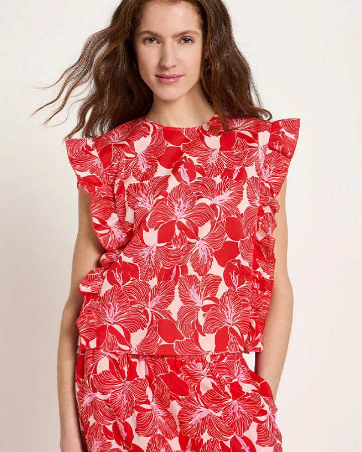 Lanius Damen vegan Bluse Rüschen Blüte Rot