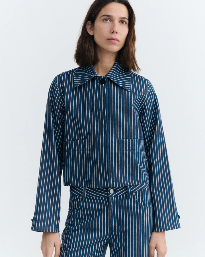 Thinking MU Damen vegan Jacke Astrid Railway Natural Dye Blue Stripes