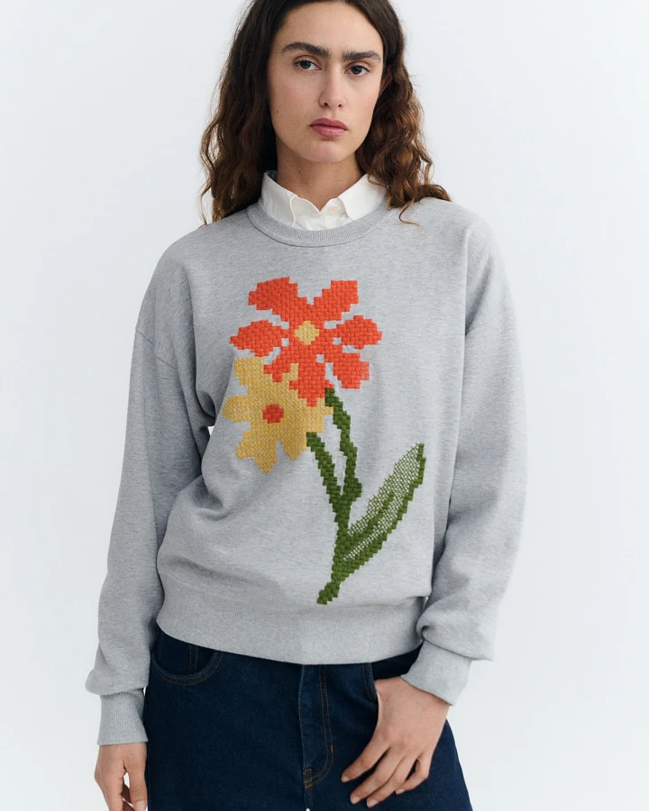 Thinking MU Damen vegan Sweatshirt Poppy Jodie Bestickt Grau