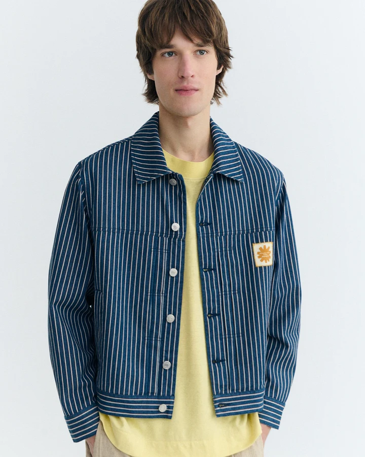 Thinking MU Herren vegan Jacke Boxy Bruno Natural Dye Gestreift Blau