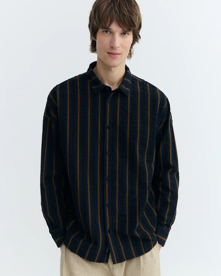 Thinking MU Herren vegan Hemd Oversize Seersucker Haru Gestreift Blau