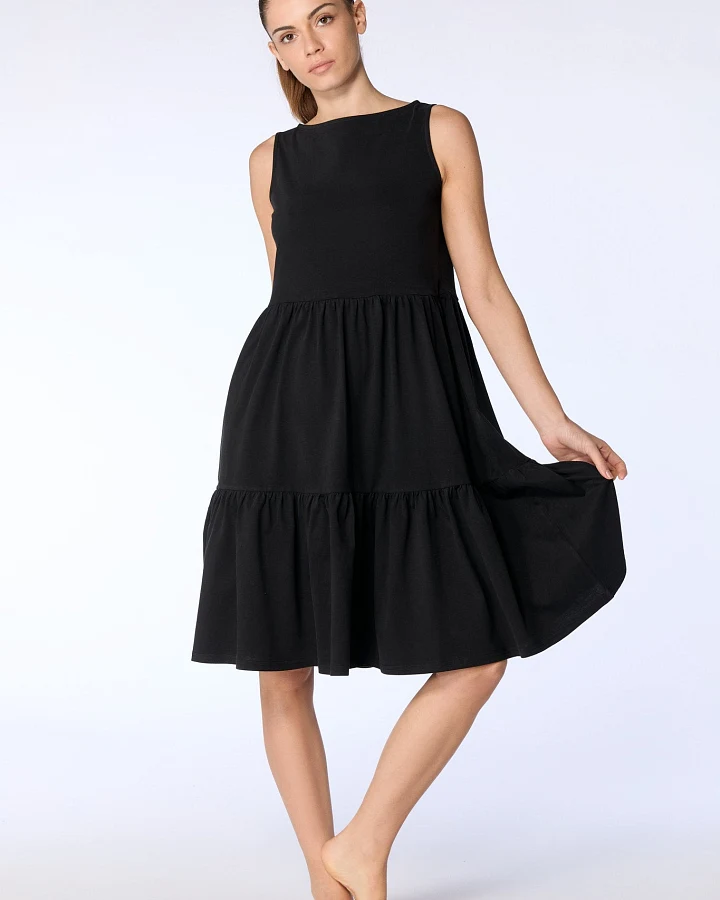 Leela Cotton Damen vegan Kleid Gerüscht Schwarz