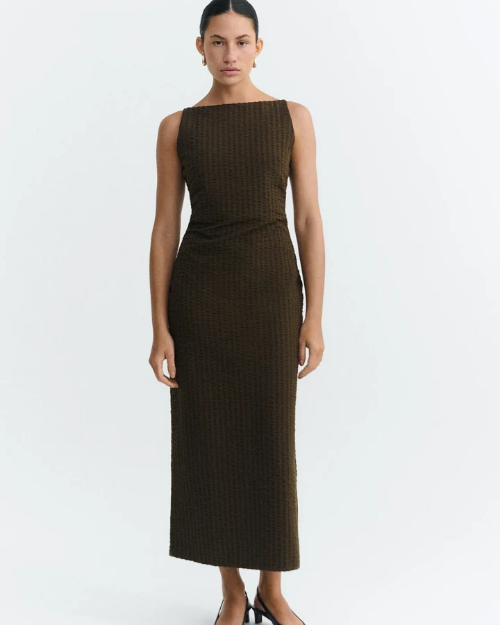 Thinking MU Damen vegan Kleid Lang Seersucker Sunniva Braun