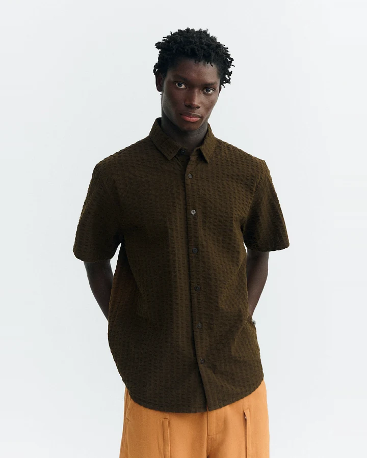 Thinking MU Herren vegan Hemd Tom Seersucker Braun