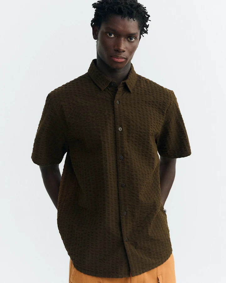 Thinking MU Herren vegan Hemd Tom Seersucker Braun