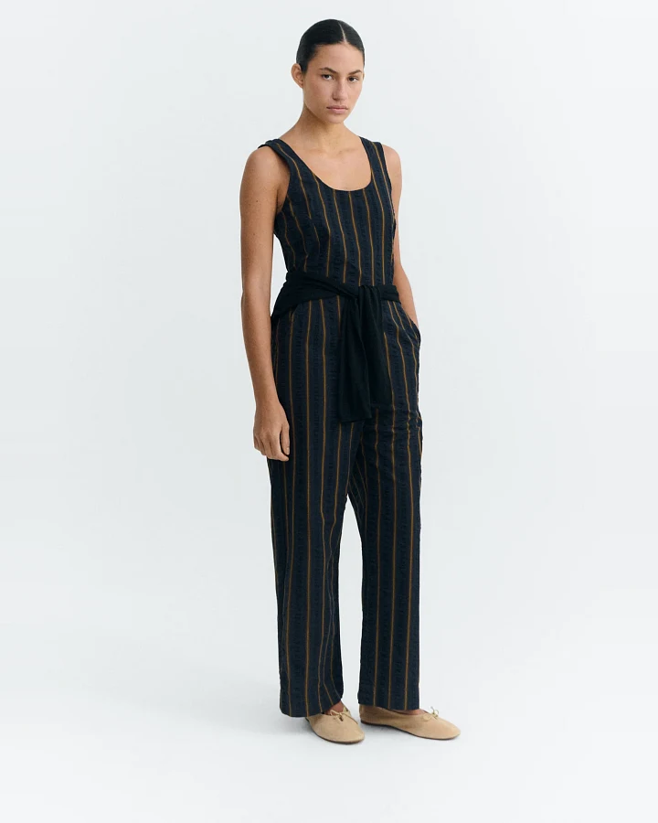 Thinking MU Damen vegan Jumpsuit Seersucker Raflesia Streifen Navy