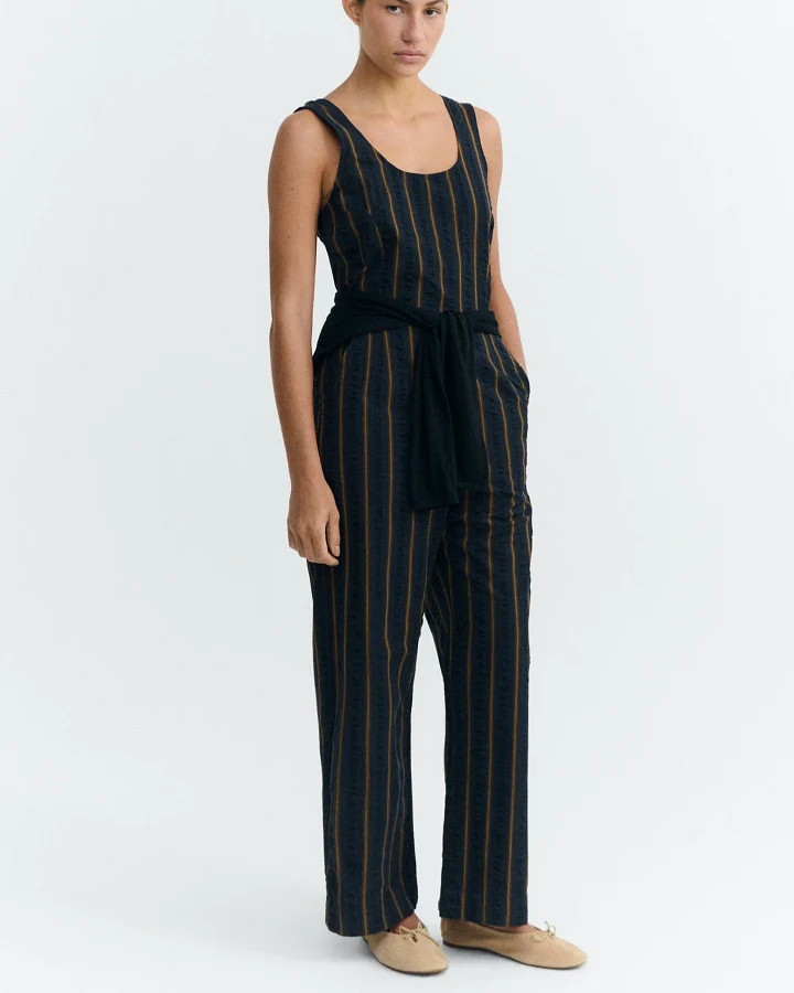 Thinking MU Damen vegan Jumpsuit Seersucker Raflesia Streifen Navy